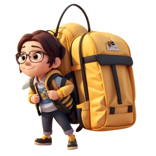 a small kid standing with bag