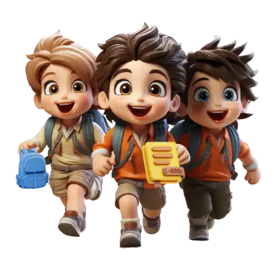 a group of happy students with bags and books in hands